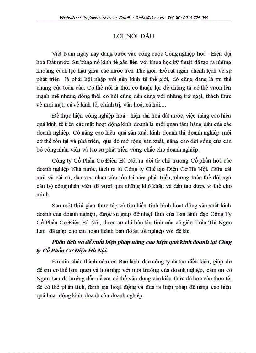 Phân tích và đề xuất biện pháp nâng cao hiệu quả kinh doanh tại Công ty Cổ Phần Cơ Điện Hà Nội