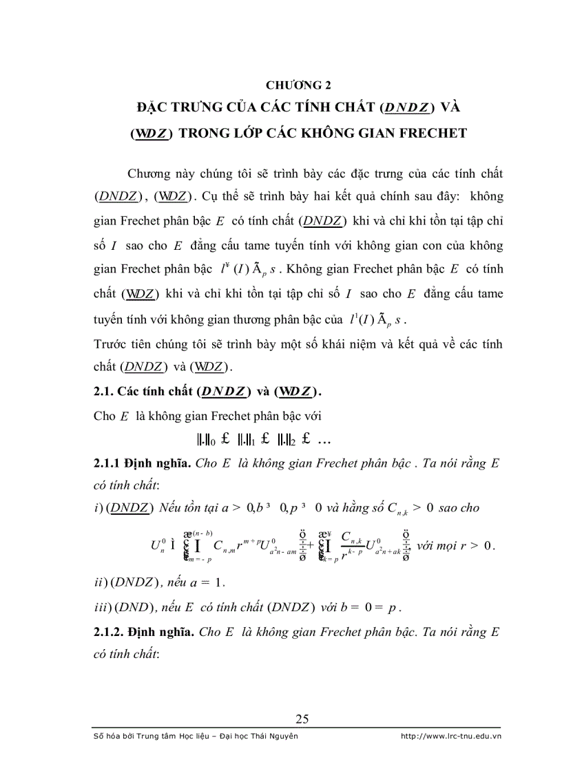 image for page Đặc trưng của các tính chất d n d z và wd z trong lớp các không gian frechet