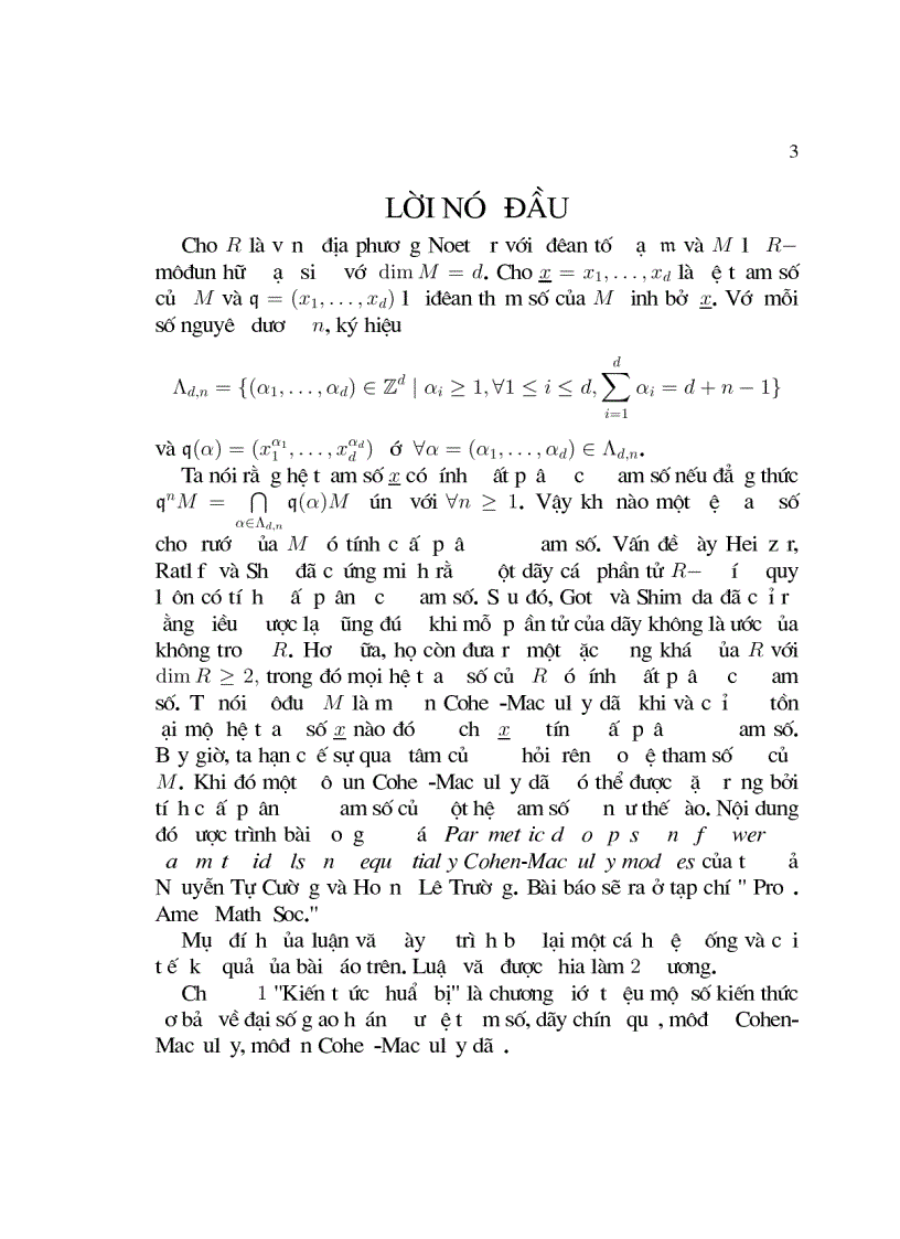 image for page Đặc trưng của môđun cohen macaulay dãy qua tính chất phân tích tham số