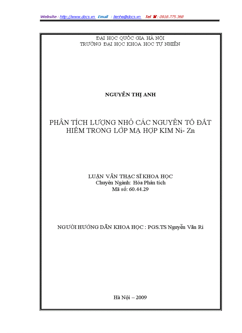 PHÂN TÍCH LƯỢNG NHỎ CÁC NGUYÊN TỐ ĐẤT HIẾM TRONG LỚP MẠ HỢP KIM Ni Zn