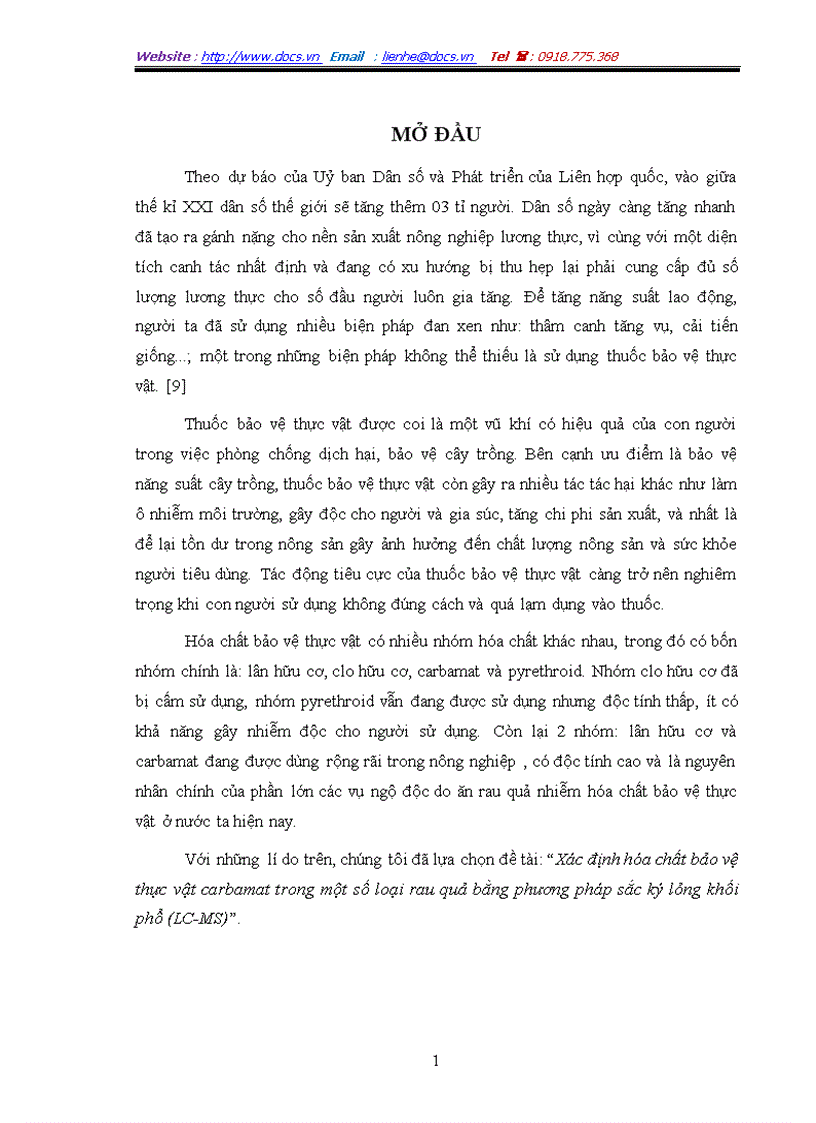 Xác định hóa chất bảo vệ thực vật carbamat trong một số loại rau quả bằng phương pháp sắc ký lỏng khối phổ LC MS