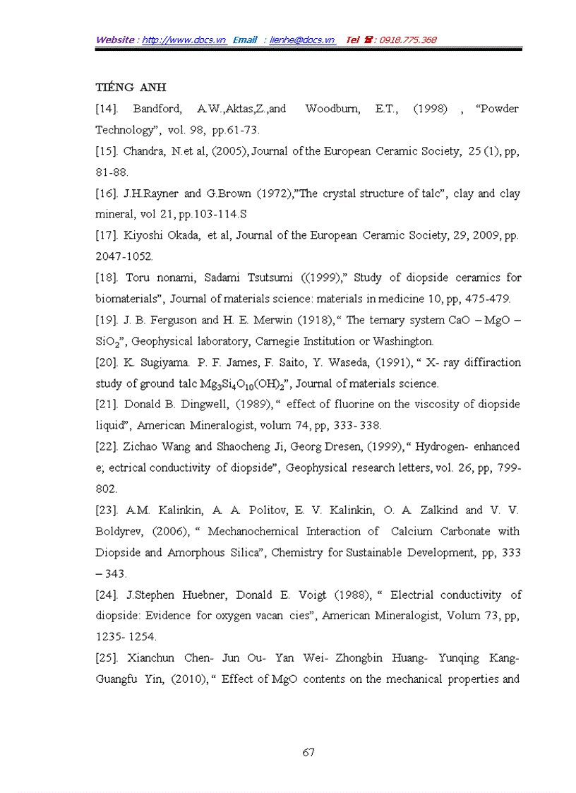 image for page Tổng hợp vật liệu gốm diopzit CaO MgO 2SiO2 và nghiên cứu ảnh hưởng của talc đến cấu trúc tính chất của vật liệu