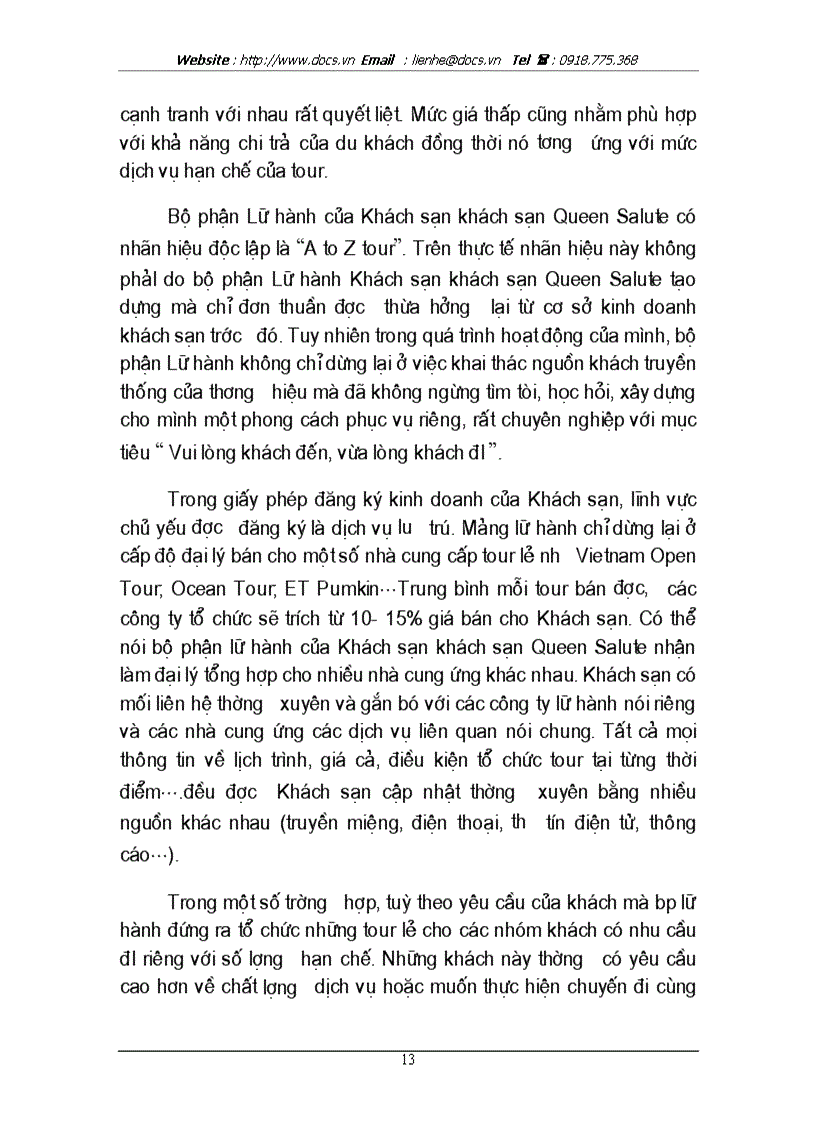 image for page Báo cáo về hoạt động kinh doanh du lịch của khách sạn Queen Salute