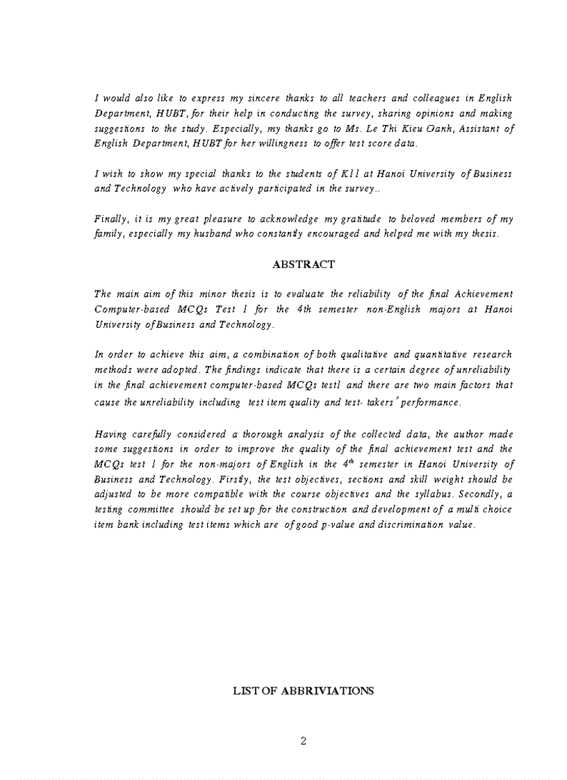 image for page Astudy on the reliability of the final achievement computer based mcqs test 1 for the 4th semester non english majors at hanoi university of busine