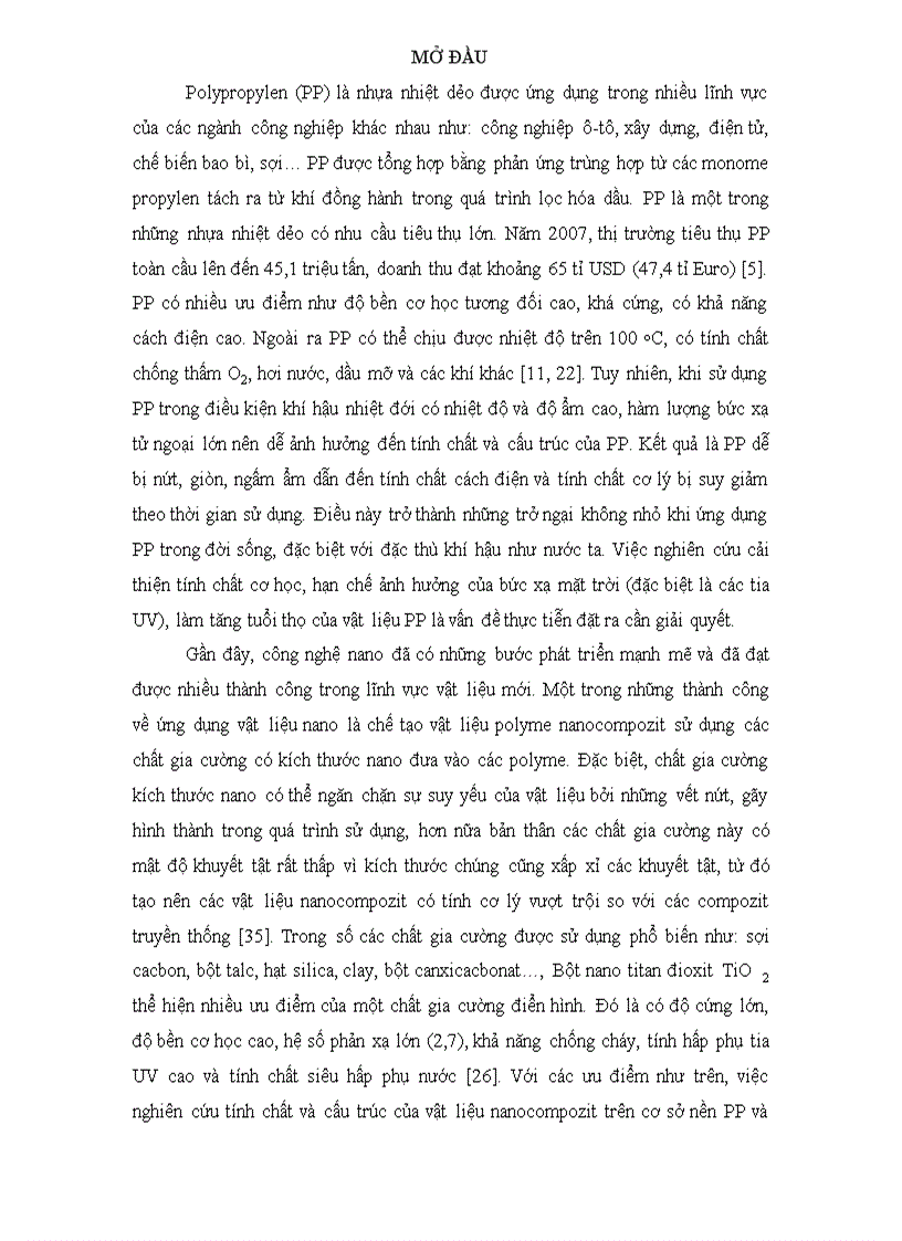 Nghiên cứu chế tạo khảo sát tính chất cấu trúc của vật liệu polyme nanocompozit trên cơ sở nhựa nhiệt dẻo polyprorylen PP và hạt titan đioxit TiO2