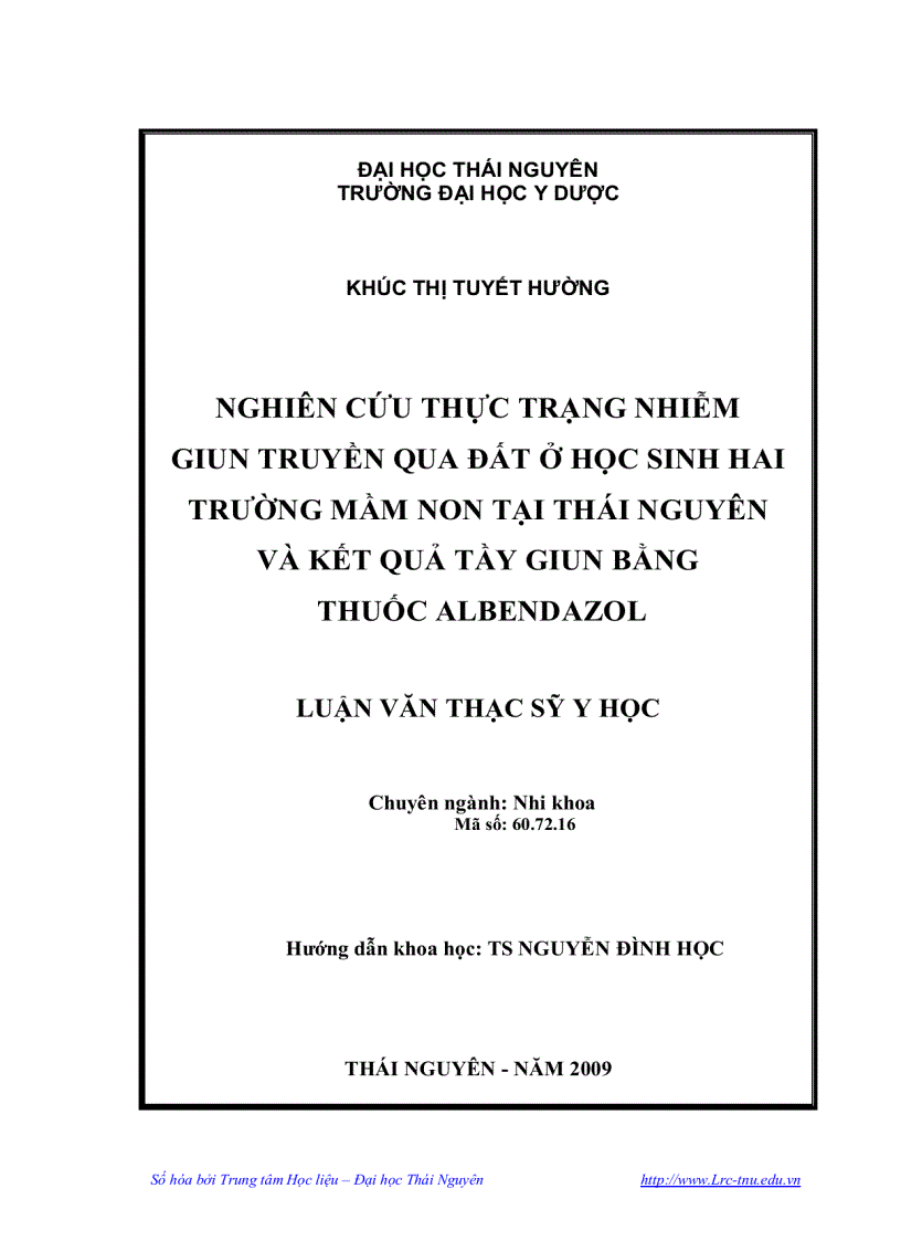 image for page Nghiên cứu thực trạng nhiễm giun truyền qua đất ở học sinh hai trường mầm non tại Thái Nguyên và kết quả tẩy giun bằng thuốc Albendazol