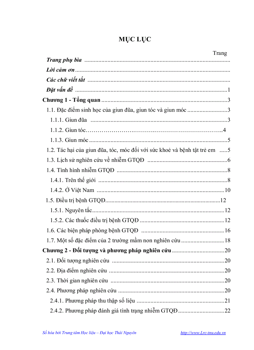 image for page Nghiên cứu thực trạng nhiễm giun truyền qua đất ở học sinh hai trường mầm non tại Thái Nguyên và kết quả tẩy giun bằng thuốc Albendazol