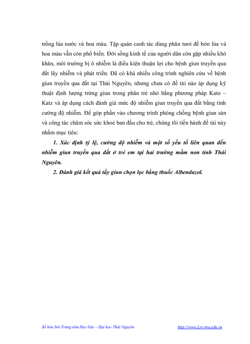 image for page Nghiên cứu thực trạng nhiễm giun truyền qua đất ở học sinh hai trường mầm non tại Thái Nguyên và kết quả tẩy giun bằng thuốc Albendazol