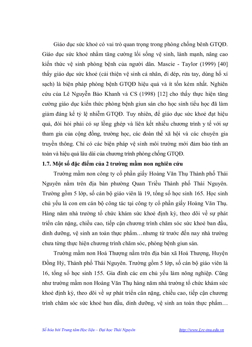 image for page Nghiên cứu thực trạng nhiễm giun truyền qua đất ở học sinh hai trường mầm non tại Thái Nguyên và kết quả tẩy giun bằng thuốc Albendazol