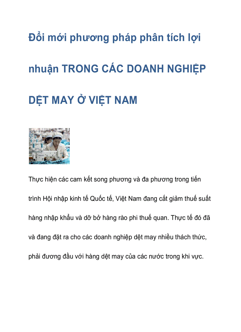 Đổi mới phương pháp phân tích lợi nhuận TRONG CÁC DOANH NGHIỆP DỆT MAY Ở VIỆT NAM