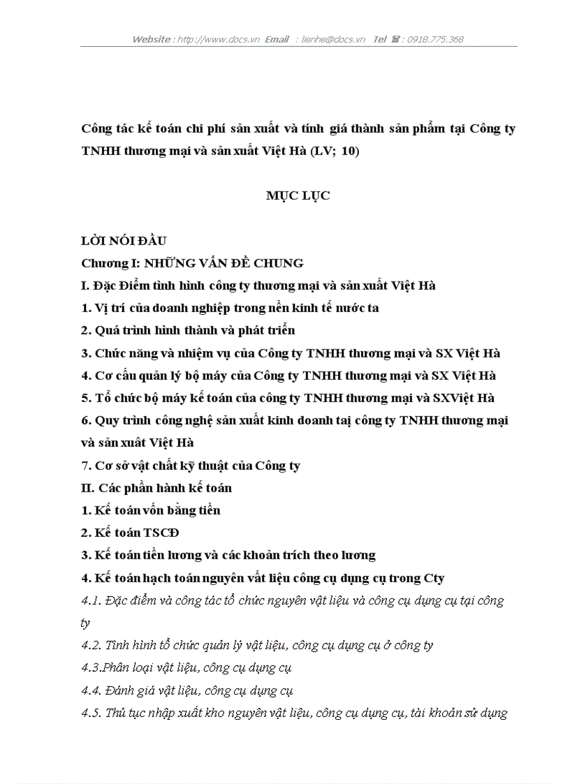 image for page Công tác kế toán chi phí sản xuất và tính giá thành sản phẩm tại Công ty TNHH thương mại và sản xuất Việt Hà