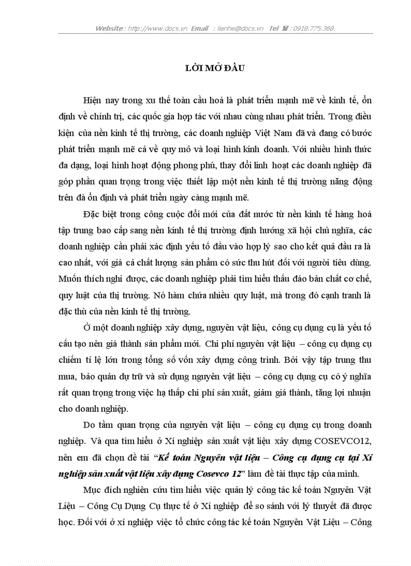 image for page Kế toán Nguyên vật liệu Công cụ dụng cụ tại Xí nghiệp sản xuất vật liệu xây dựng Cosevco 12