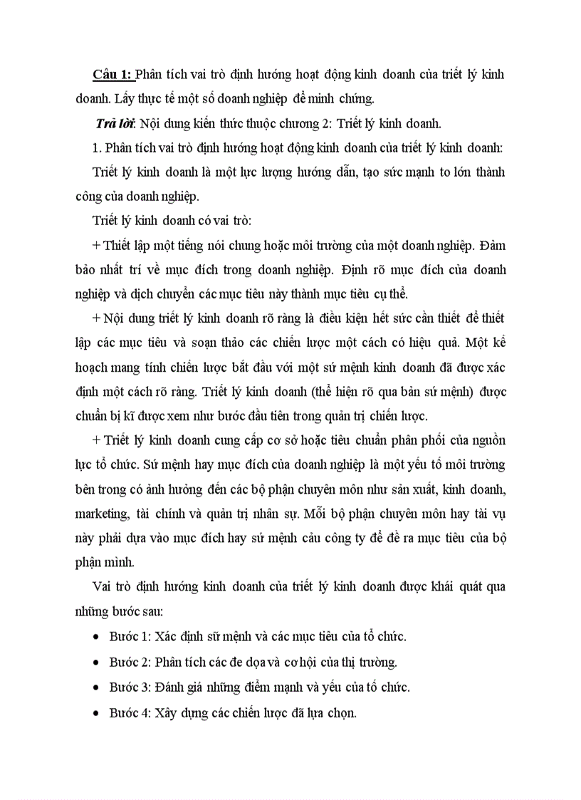 Phân tích vai trò định hướng hoạt động kinh doanh của triết lý kinh doanh Lấy thực tế một số doanh nghiệp để minh chứng