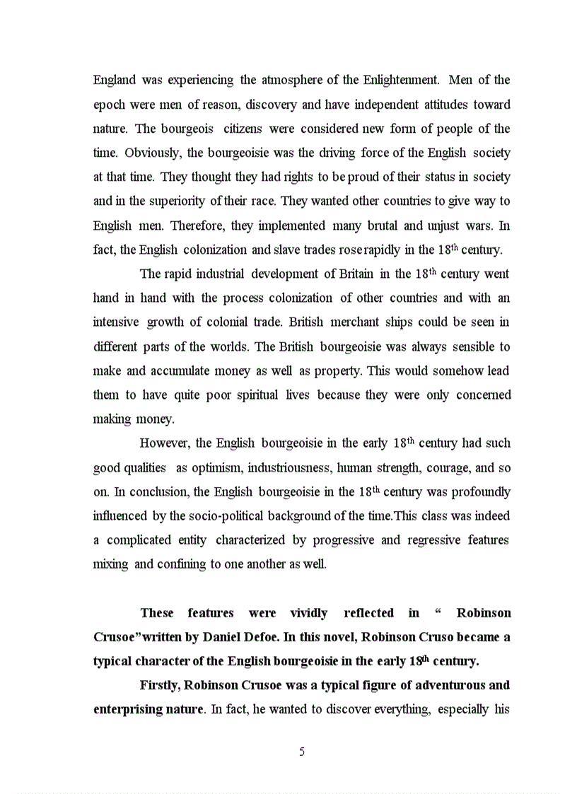 Robinson Crusoe A Representative of the English Bourgeoisie in the early 18th century