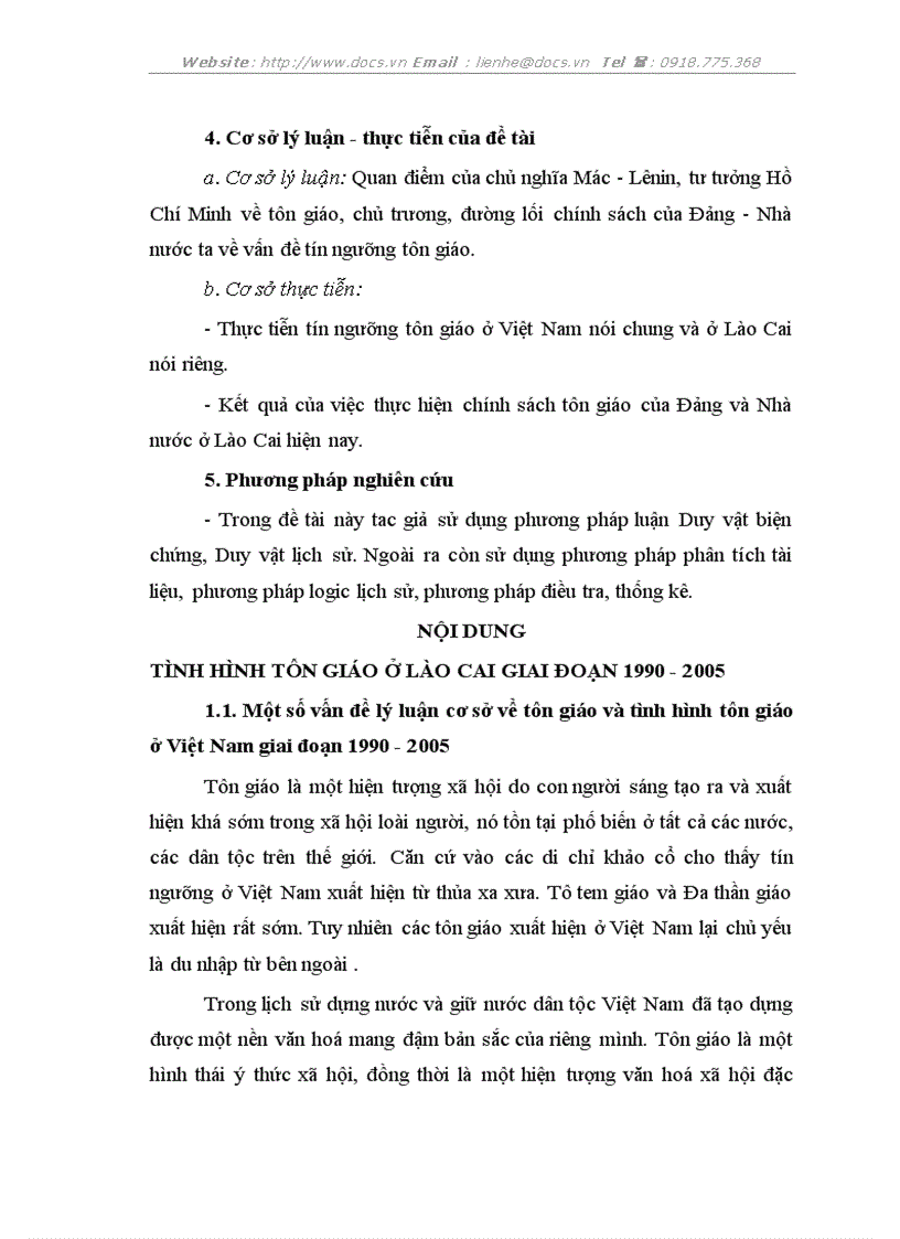 Tình hình tôn giáo và việc thực hiện chính sách tôn giáo của Đảng và nhà nước ở tỉnh Lào Cai giai đoạn 1990 2005