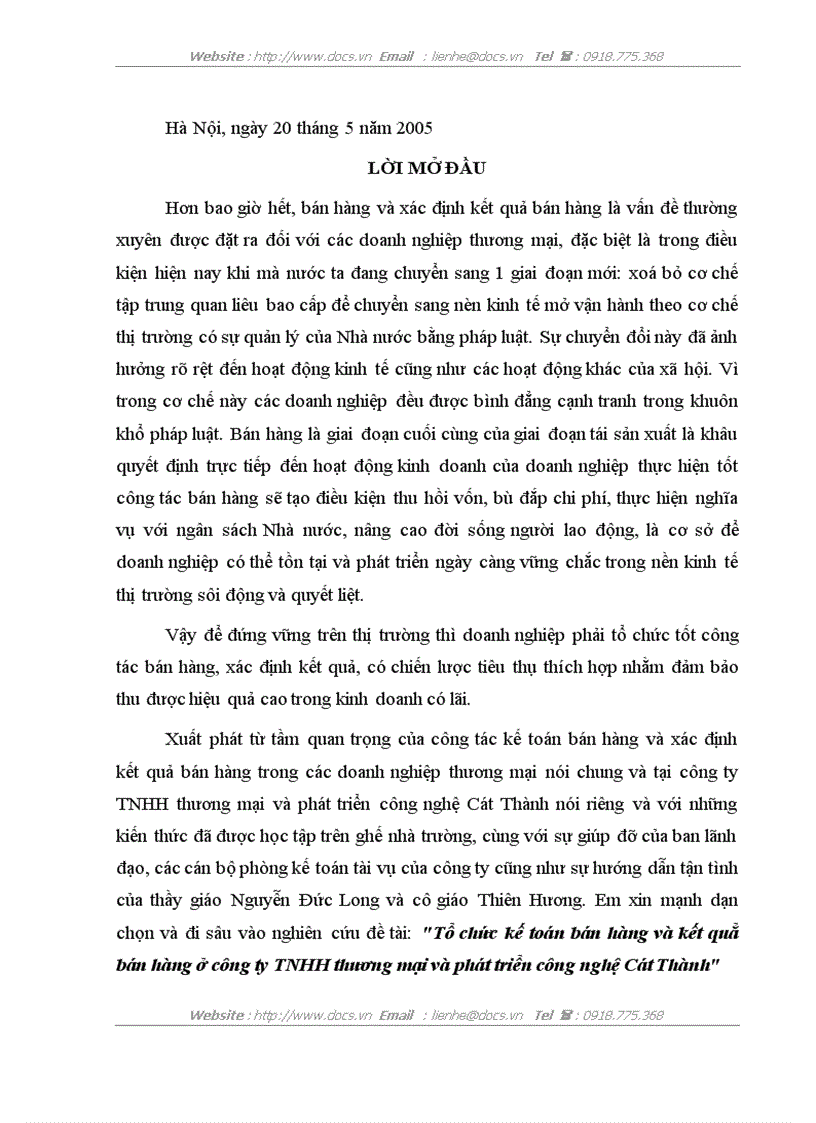 Tổ chức kế toán bán hàng và kết quẳ bán hàng ở công ty TNHH thương mại và phát triển công nghệ Cát Thành
