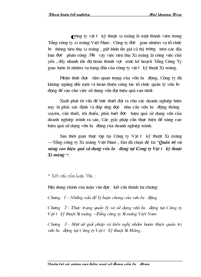 Một số giải pháp và kiến nghị nhằm hoàn thiện quản trị Vốn lưu động tại Công ty vật tư kỹ thuật Xi măng