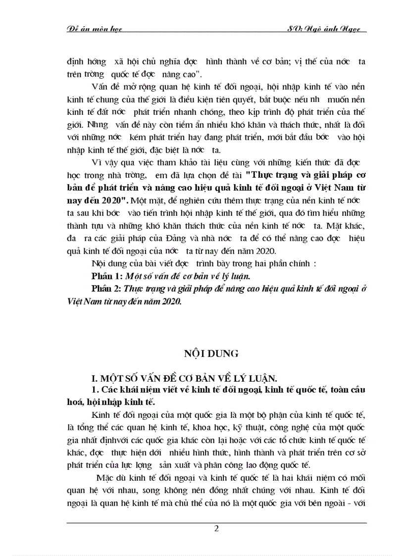 Thực trạng và giải pháp cơ bản để phát triển và nâng cao hiệu quả kinh tế đối ngoại ở việt nam từ nay đến 2020