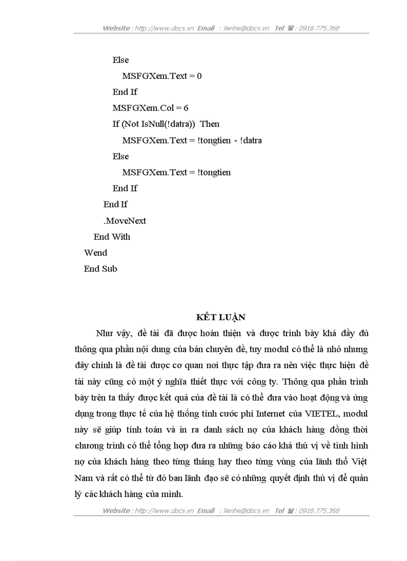 image for page Bổ sung thêm một modul vào hệ thống để tính phần dư nợ của các khách hàng tại Công ty Điện tử viễn thông quân đội VIETEL