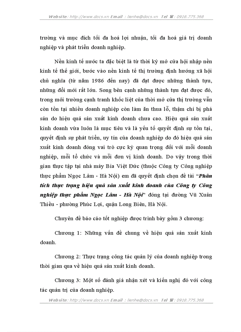 Phân tích thực trạng hiệu quả sản xuất kinh doanh của công ty công nghiệp thực phẩm ngọc lâm đường vũ xuân thiều p phúc lợi q long biên hà nội