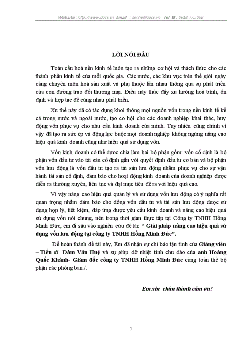 Giải pháp nâng cao hiệu quả sử dụng vốn lưu động tại công ty TNHH Hồng Minh Đức