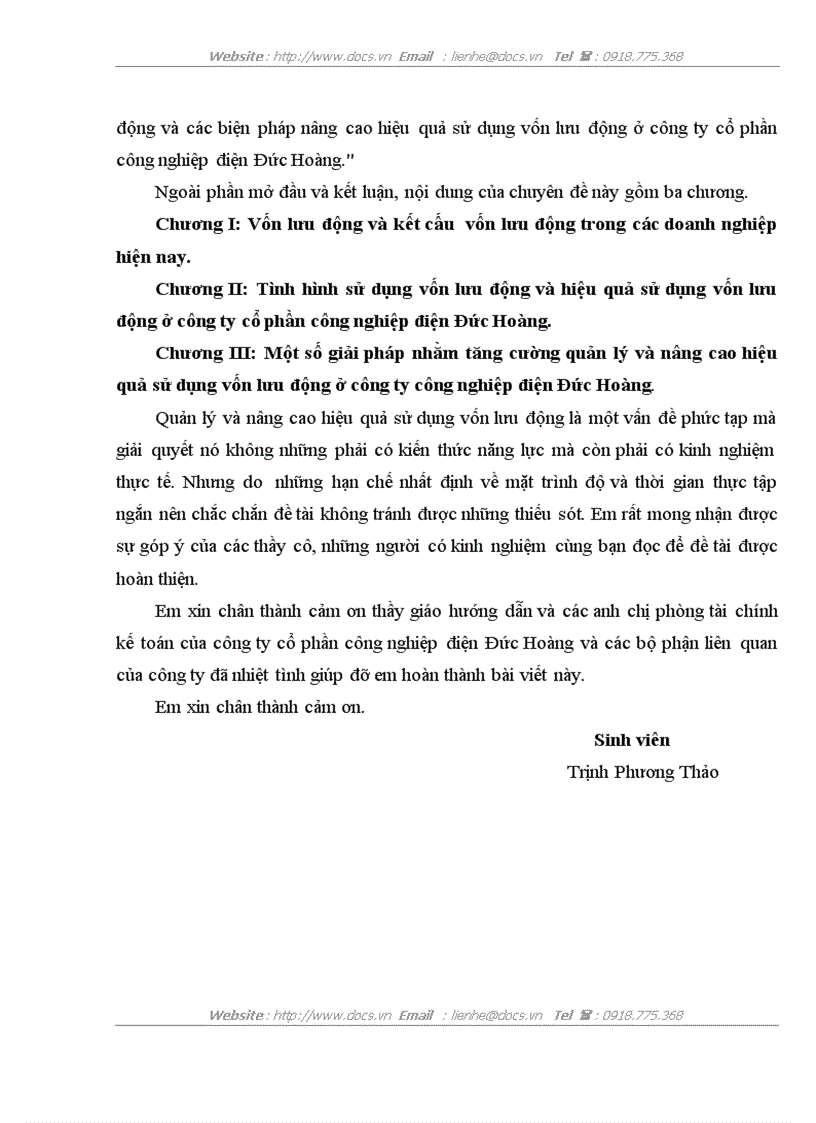 Vốn lưu động và các biện pháp nâng cao hiệu quả sử dụng vốn lưu động ở công ty cổ phần công nghiệp điện Đức Hoàng