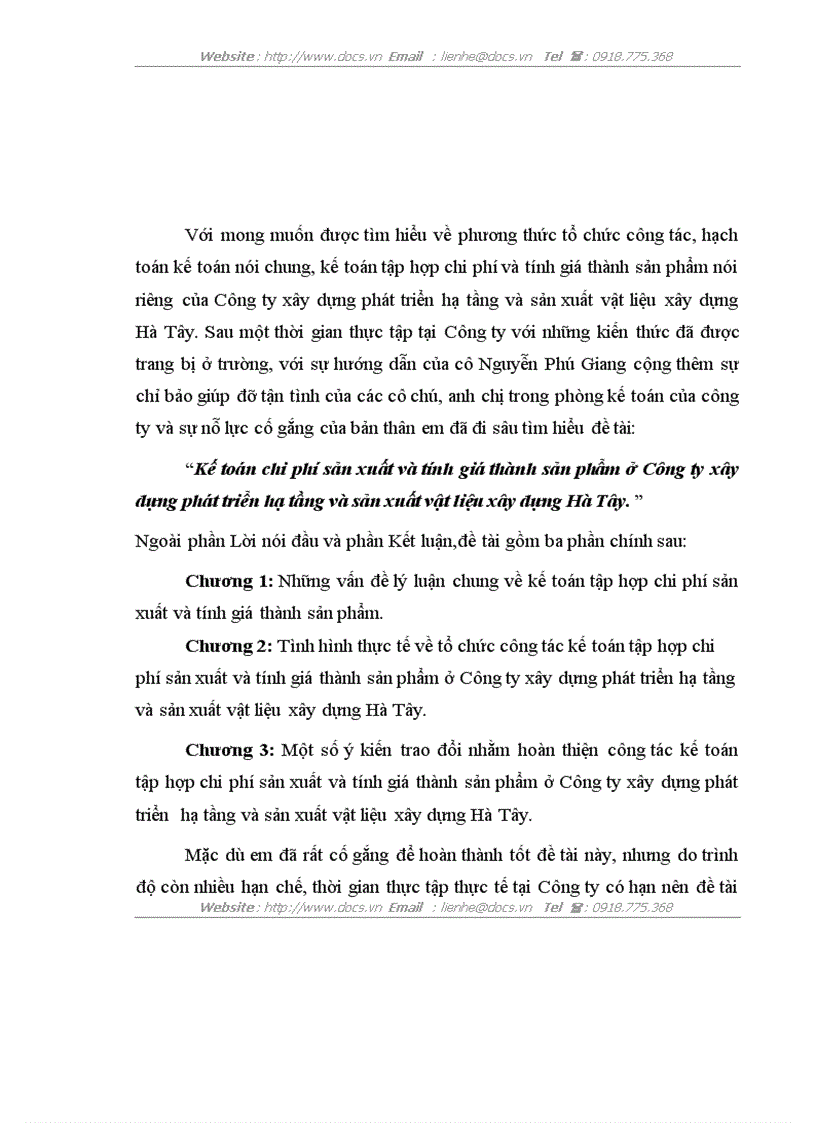 Kế toán chi phí sản xuất và tính giá thành sản phẩm ở Công ty xây dựng phát triển hạ tầng và sản xuất vật liệu xây dựng Hà Tây
