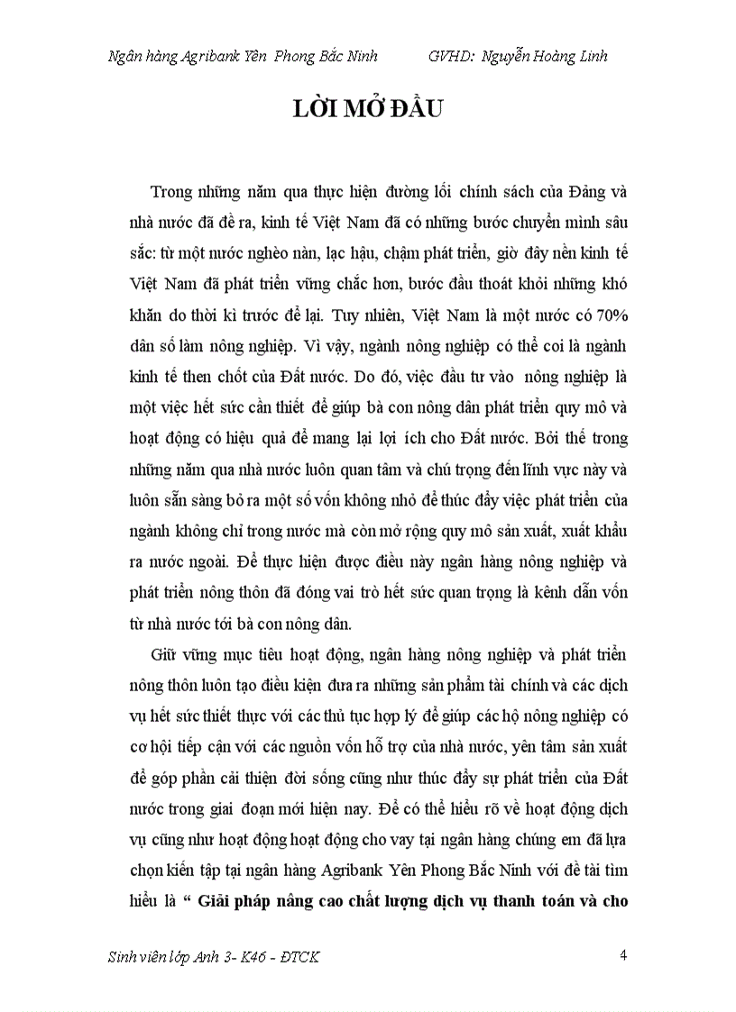 Giải pháp nâng cao chất lượng dịch vụ thanh toán và cho vay hộ nông nghiệp tại Ngân hàng Agribank Yên Phong Bắc Ninh