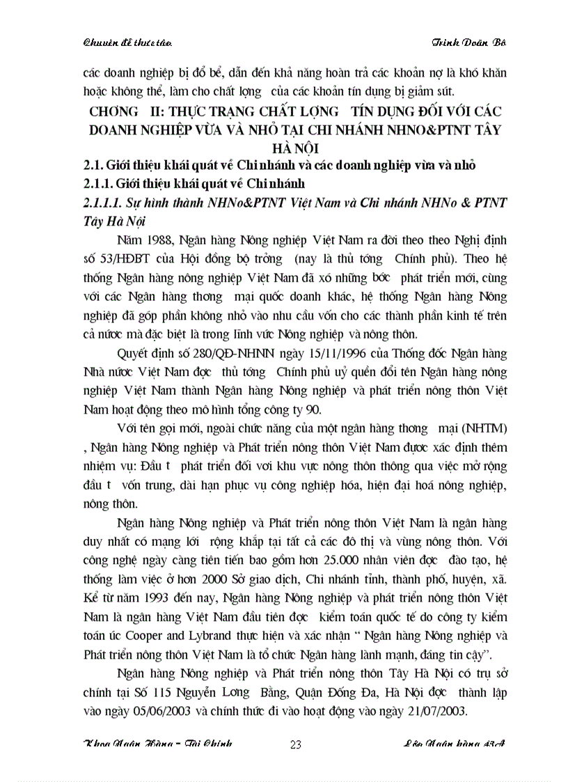 image for page Nâng cao chất lượng tín dụng đối với doanh nghiệp vừa và nhỏ tại Chi nhánh NHNo PTNT Tây Hà Nội