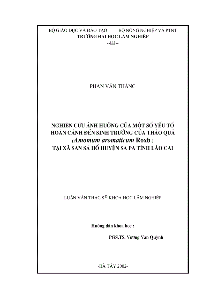 Nghiên cứu ảnh hưởng của một số yếu tố hoàn cảnh đến sinh trưởng của thảo quả Amomum aromaticum Roxb