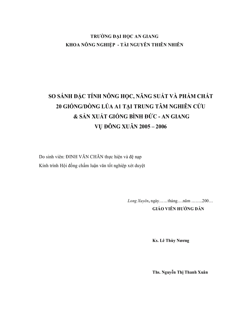 image for page So sánh đặc tính nông học năng suất và phẩm chất 20 giốngdòng lúa a1 tại trung tâm nghiên cứu sản xuất giống bình đức an giang vụ đông xuân 2005