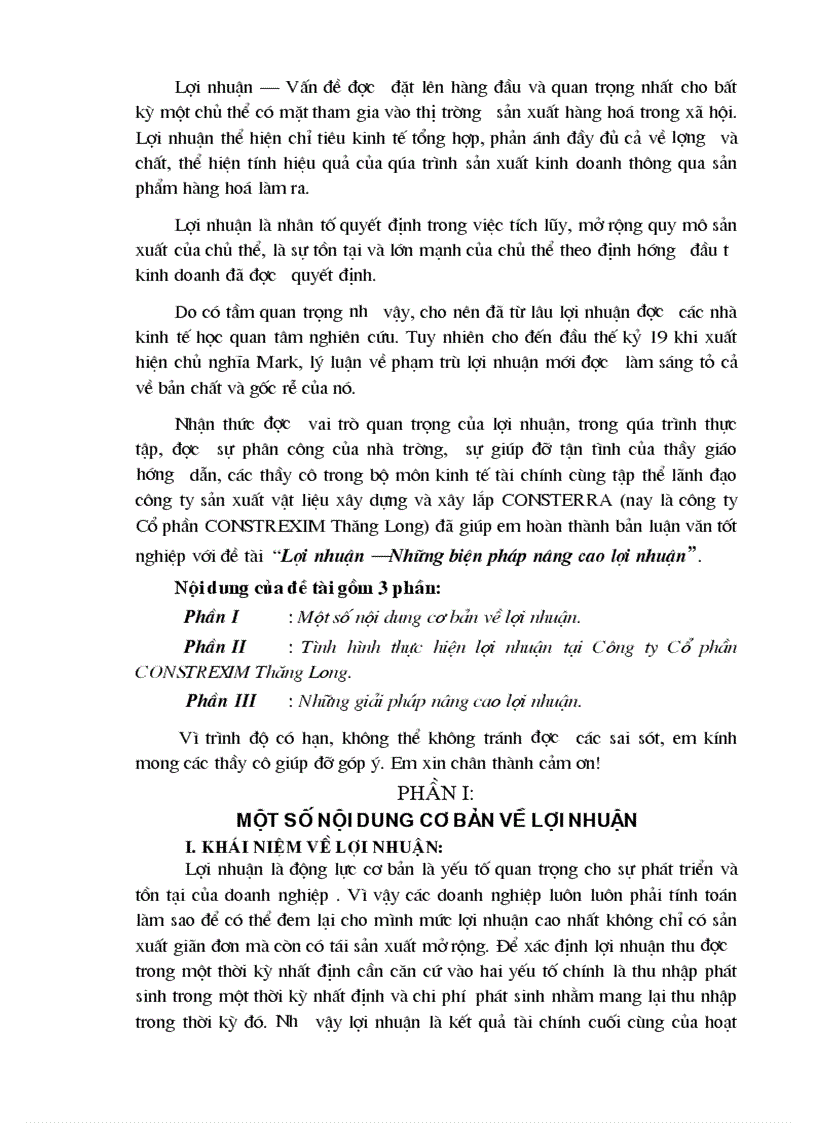 Lợi nhuận Những biện pháp nâng cao lợi nhuận tại Công ty Cổ phần CONSTREXIM Thăng Long