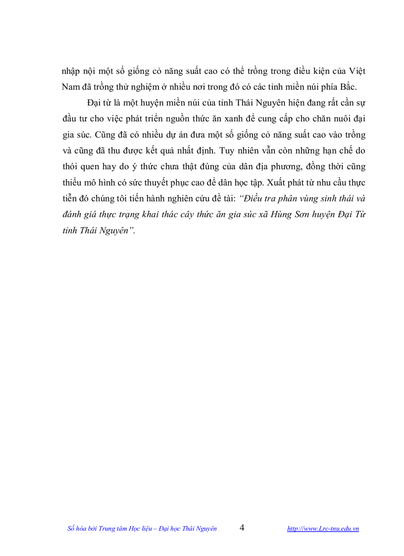 image for page Điều tra phân vùng Sinh thái và đánh giá thực trạng khai thác cây thức ăn Gia súc xã Hùng Sơn huyện Đại Từ Thái Nguyên