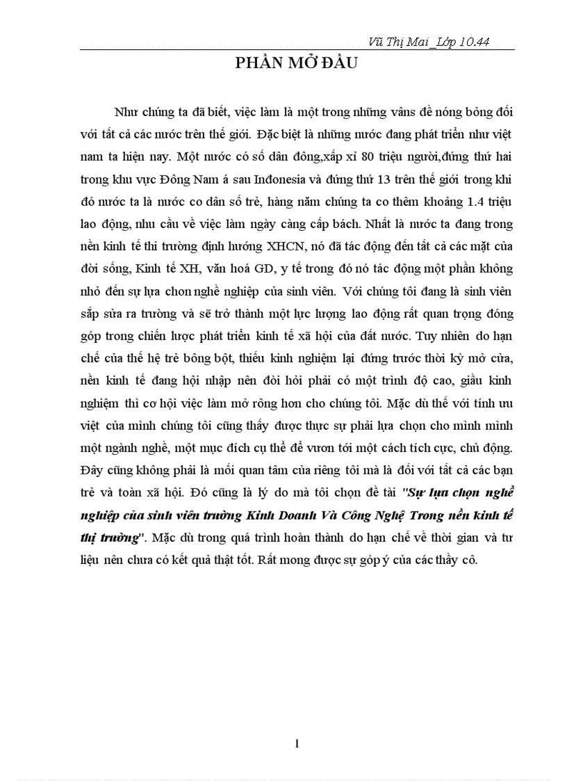 Sự lựa chọn nghề nghiệp của sinh viên trường Kinh Doanh Và Công Nghệ Trong nền kinh tế thị trường
