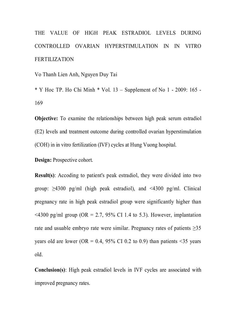 Giá trị nồng độ đỉnh estradiol ở những chu kỳ kích thích buồng trứng trong thụ tinh trong ống nghiệm