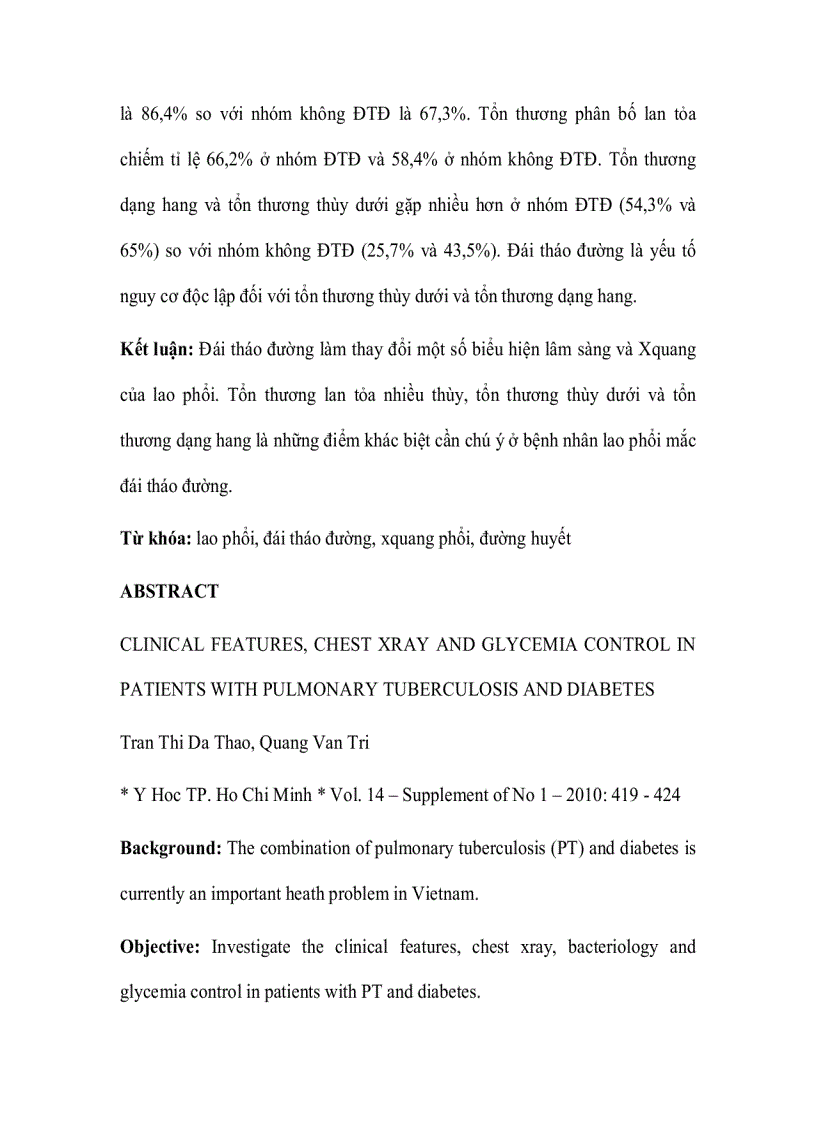 Khảo sát đặc điểm lâm sàng x quang phổi và tình trạng kiểm soát đường huyết ở bệnh nhân lao phổi và đái tháo đường típ 2