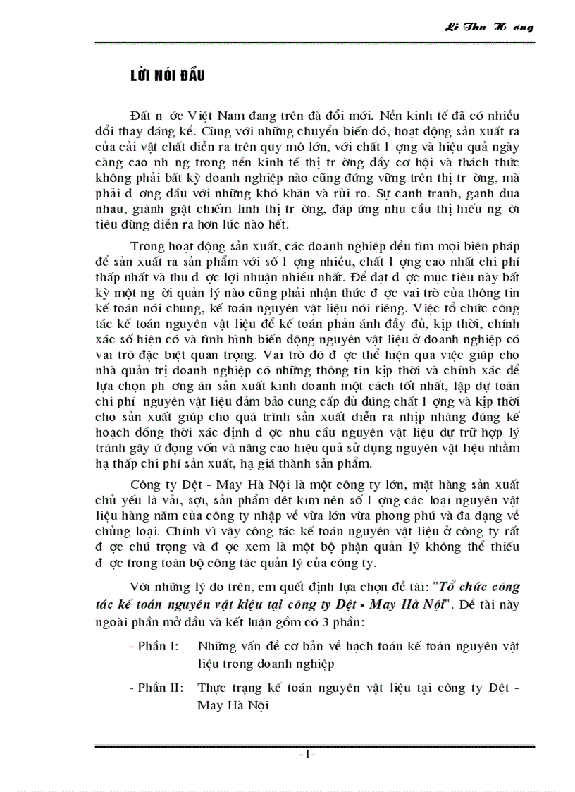 image for page Tổ chức công tác kế toán nguyên vật liệu tại công ty Dệt May Hà Nội