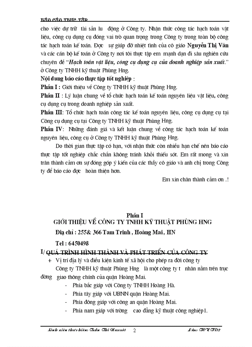 image for page Hạch toán vật liệu công cụ dụng cụ của doanh nghiệp sản xuất ở Công ty TNHH kỹ thuật Phùng Hưng