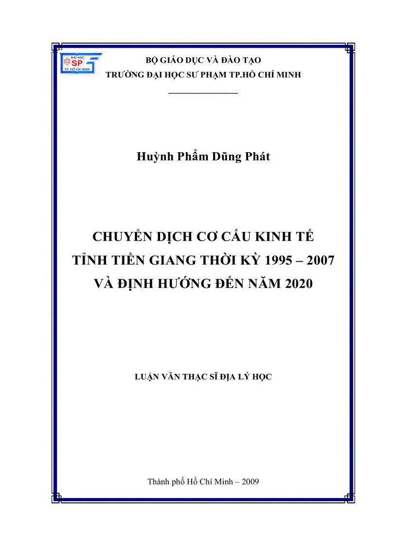 Chuyển dịch cơ cấu kinh tế tỉnh Tiền Giang thời kì 1995 2007 và định hướng đến năm 2020