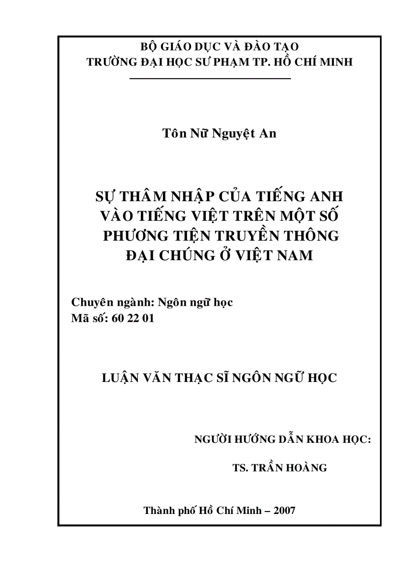 Sự thâm nhập của tiếng Anh vào tiếng Việt trên một số phương tiện truyền thông đại chúng ở Việt Nam