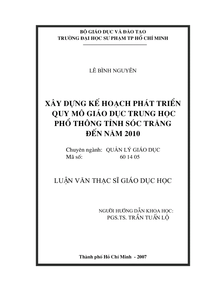 Xây dựng kế hoạch phát triển quy mô giáo dục Trung Học Phổ Thông tỉnh Sóc Trăng đến năm 2010