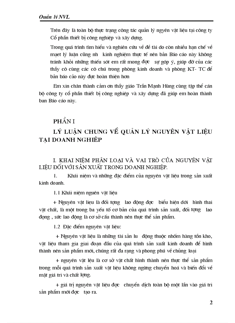 Thực trạng công tác quản lý nguyên vật liệu tại công ty Cổ phần thiết bị công nghiệp và xây dựng
