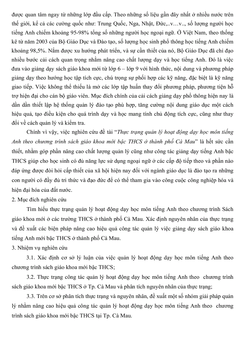 image for page Thực trạng quản lý hoạt động dạy học môn tiếng Anh theo chương trình Sách giáo khoa mới Trung học cơ sở Thành phố Cà Mau