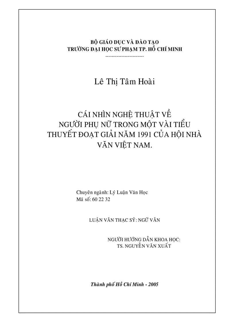 Cái nhìn nghệ thuật về người phụ nữ trong một vài tiểu thuyết đoạt giải năm 1991 của hội nhà văn Việt Nam