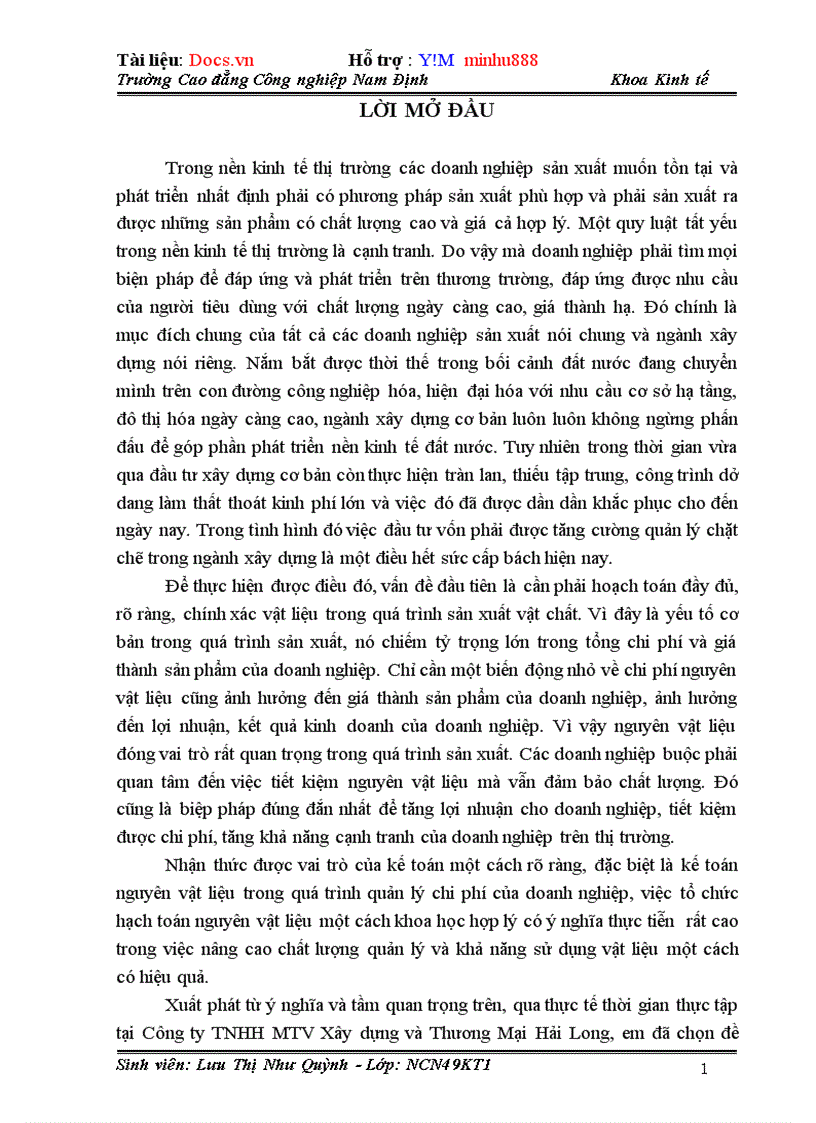 image for page Kế toán nguyên vật liệu tại Công ty TNHH MTV Xây dựng và Thương Mại Hải Long