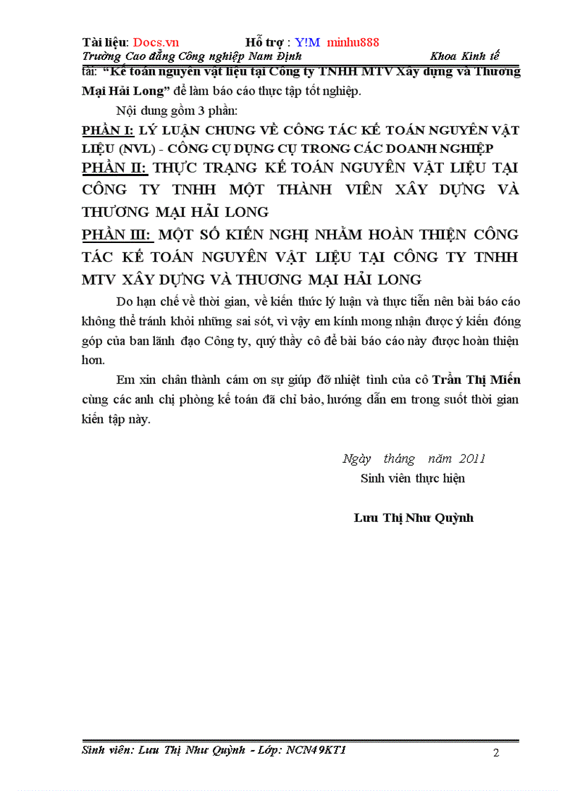 image for page Kế toán nguyên vật liệu tại Công ty TNHH MTV Xây dựng và Thương Mại Hải Long