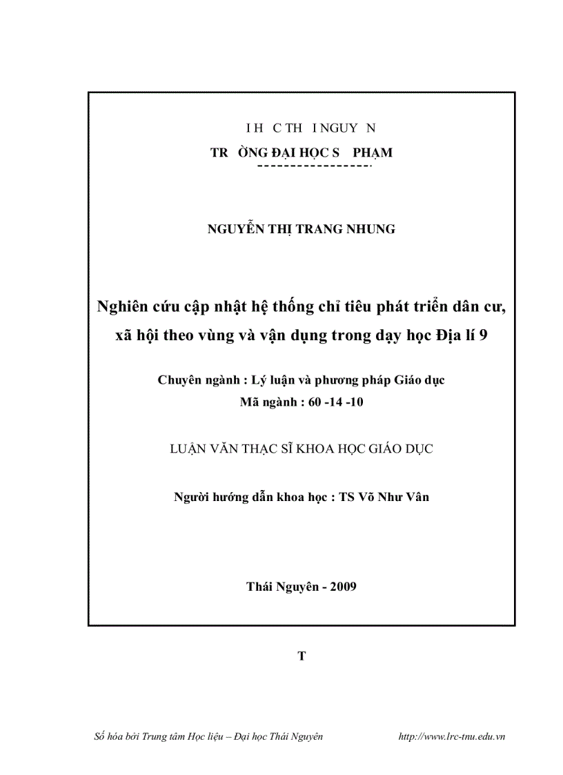 Nghiên cứu cập nhật hệ thống chỉ tiêu phát triển dân cư xã hội theo vùng và vận dụng trong dạy học Địa lí 9