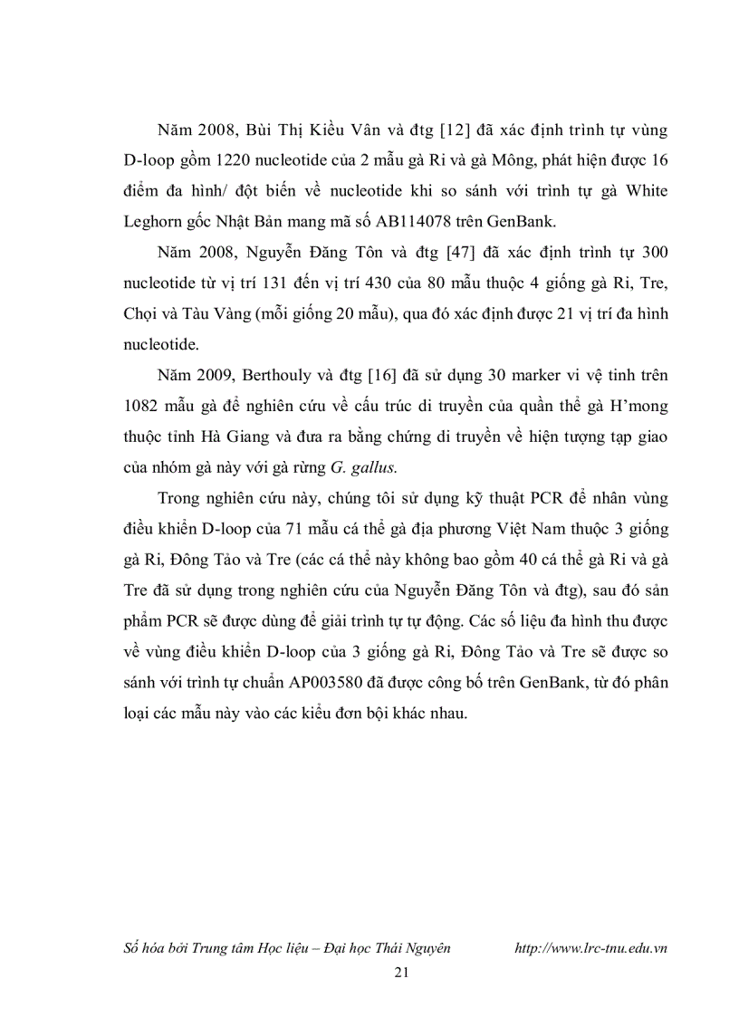 image for page Nghiên cứu đa hình trình tự vùng điều khiển d loop hệ gen ty thể của gà ri gà đông tảo và gà tre