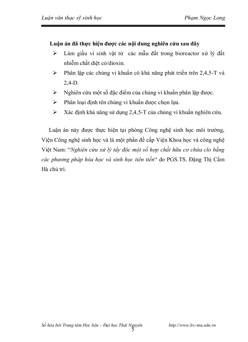 image for page Nghiên cứu khả năng phân hủy 2 4 5 t và đặc điểm phân loại của chủng vi khuẩn phân lập từ các bioreactor xử lý đất nhiễm chất diệt cỏ dioxin
