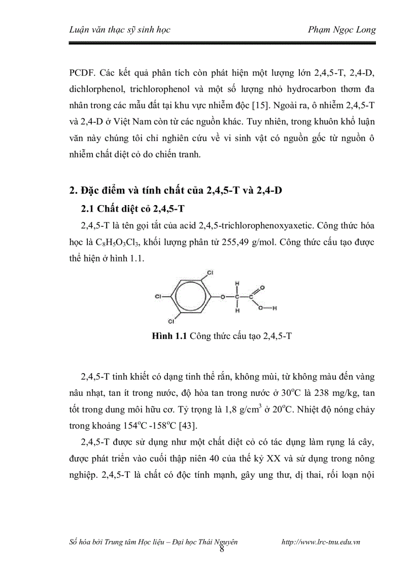 image for page Nghiên cứu khả năng phân hủy 2 4 5 t và đặc điểm phân loại của chủng vi khuẩn phân lập từ các bioreactor xử lý đất nhiễm chất diệt cỏ dioxin